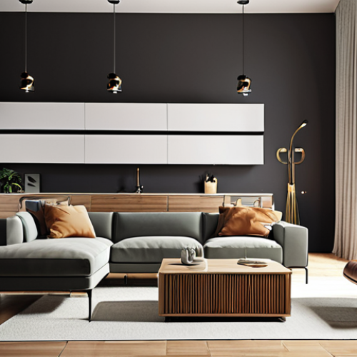 **Interior Design Trends**: Create an image showcasing a modern interior space that reflects current design trends, incorporating elements of smart home technology and personalization. The room should highlight functional yet stylish furniture and decor, emphasizing a harmonious blend of aesthetics and practicality.
