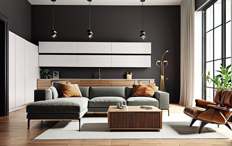 **Interior Design Trends**: Create an image showcasing a modern interior space that reflects current design trends, incorporating elements of smart home technology and personalization. The room should highlight functional yet stylish furniture and decor, emphasizing a harmonious blend of aesthetics and practicality.