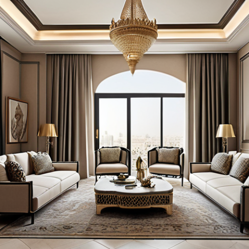 **

"A chic, modern apartment interior in Dubai, showcasing a blend of French elegance and Middle Eastern design elements. Focus on luxurious materials, subtle color palettes, and intricate patterns. The scene should evoke a sense of high-end living and cultural fusion, with a touch of French 'art de vivre.'"

**