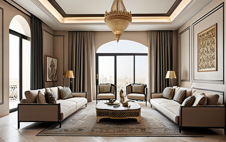 **
"A chic, modern apartment interior in Dubai, showcasing a blend of French elegance and Middle Eastern design elements. Focus on luxurious materials, subtle color palettes, and intricate patterns. The scene should evoke a sense of high-end living and cultural fusion, with a touch of French 'art de vivre.'"
**