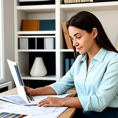 A focused female interior design professional, dressed in a modest, smart casual blouse and trousers, fully clothed, appropriate attire. She is seated at a clean, well-organized desk in a contemporary home office. The desk is adorned with an open sketchpad showing architectural plans and a laptop displaying design software. Behind her, shelves hold a curated collection of design books, a few small material samples (wood, textile swatches), and a subtle art piece. Soft, natural light streams in from a nearby window. Perfect anatomy, natural pose, correct proportions, well-formed hands, proper finger count, natural body proportions. High-resolution, professional photography, soft focus on background, safe for work, appropriate content, fully clothed, professional, family-friendly.