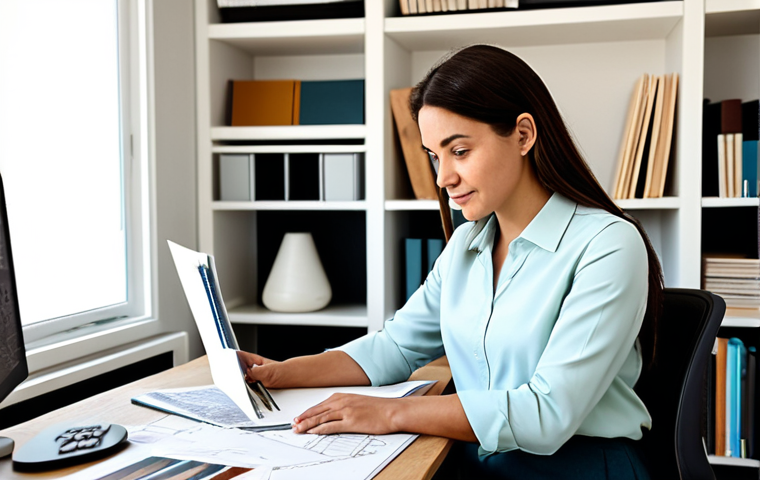 A focused female interior design professional, dressed in a modest, smart casual blouse and trousers, fully clothed, appropriate attire. She is seated at a clean, well-organized desk in a contemporary home office. The desk is adorned with an open sketchpad showing architectural plans and a laptop displaying design software. Behind her, shelves hold a curated collection of design books, a few small material samples (wood, textile swatches), and a subtle art piece. Soft, natural light streams in from a nearby window. Perfect anatomy, natural pose, correct proportions, well-formed hands, proper finger count, natural body proportions. High-resolution, professional photography, soft focus on background, safe for work, appropriate content, fully clothed, professional, family-friendly.
