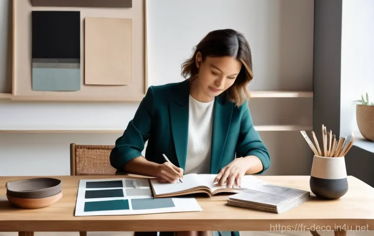 인테리어 코디네이터의 하루 업무 루틴 - **The First Spark: Vision & Collaboration**
    A bright, inviting interior design studio with large...