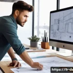 인테리어 코디네이터를 위한 자기소개서 작성법 - A modern interior design studio scene showing a young architect passionately discussing a 3D digital...