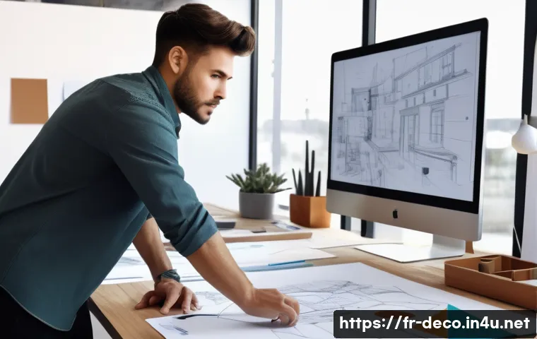 인테리어 코디네이터를 위한 자기소개서 작성법 - A modern interior design studio scene showing a young architect passionately discussing a 3D digital...