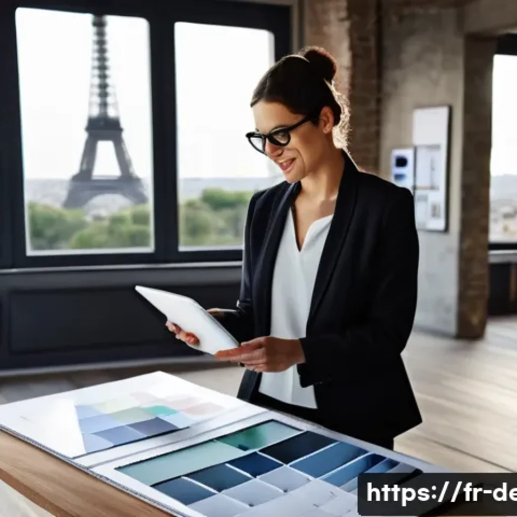 인테리어 코디네이터 성공 사례 인터뷰 - A professional interior design coordinator in a modern Parisian loft, wearing stylish business casua...