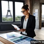 인테리어 코디네이터 성공 사례 인터뷰 - A professional interior design coordinator in a modern Parisian loft, wearing stylish business casua...