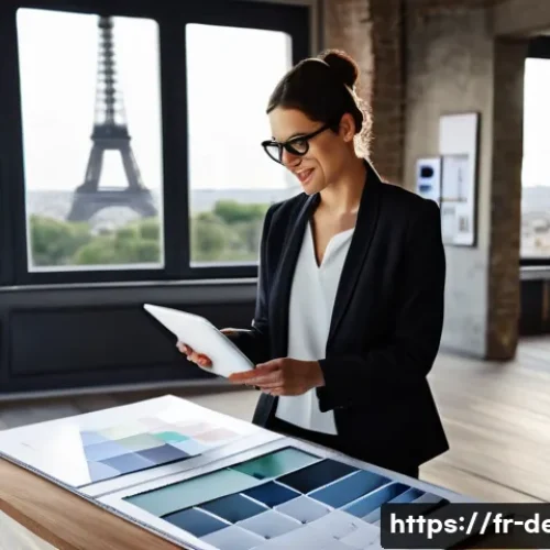 인테리어 코디네이터 성공 사례 인터뷰 - A professional interior design coordinator in a modern Parisian loft, wearing stylish business casua...
