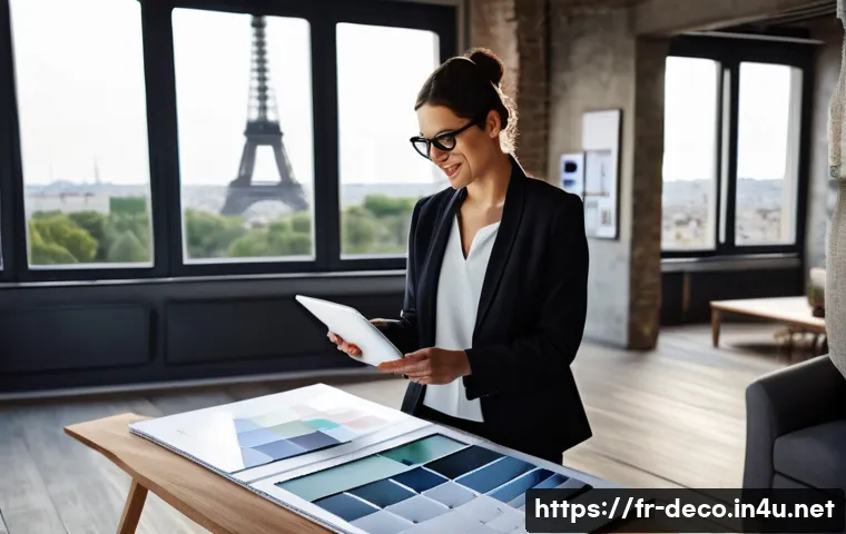 인테리어 코디네이터 성공 사례 인터뷰 - A professional interior design coordinator in a modern Parisian loft, wearing stylish business casua...