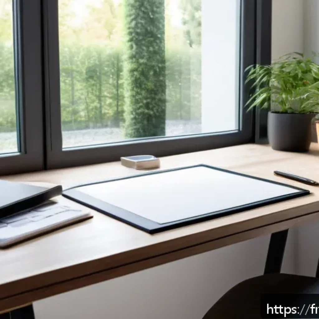 인테리어 코디네이터 실기 준비 노하우 - A modern interior design workspace showing a well-organized desk bathed in natural light from a larg...