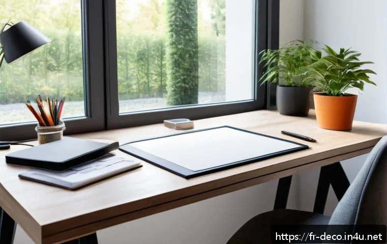 인테리어 코디네이터 실기 준비 노하우 - A modern interior design workspace showing a well-organized desk bathed in natural light from a larg...
