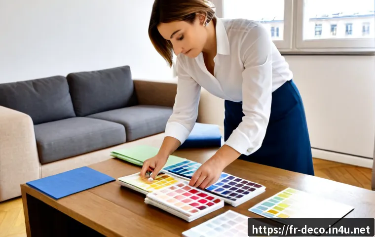 인테리어 코디네이터 필수 스킬 - Photorealistic interior coordinator in a bright Parisian apartment, confidently arranging fabric swa...