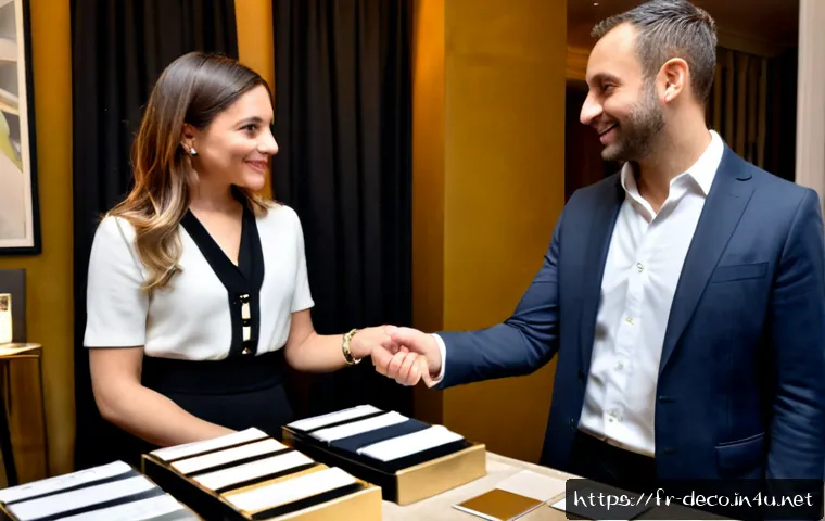 인테리어 코디네이터를 위한 네트워킹 팁 - Photorealistic networking event for interior design coordinators in a stylish Parisian showroom, two...